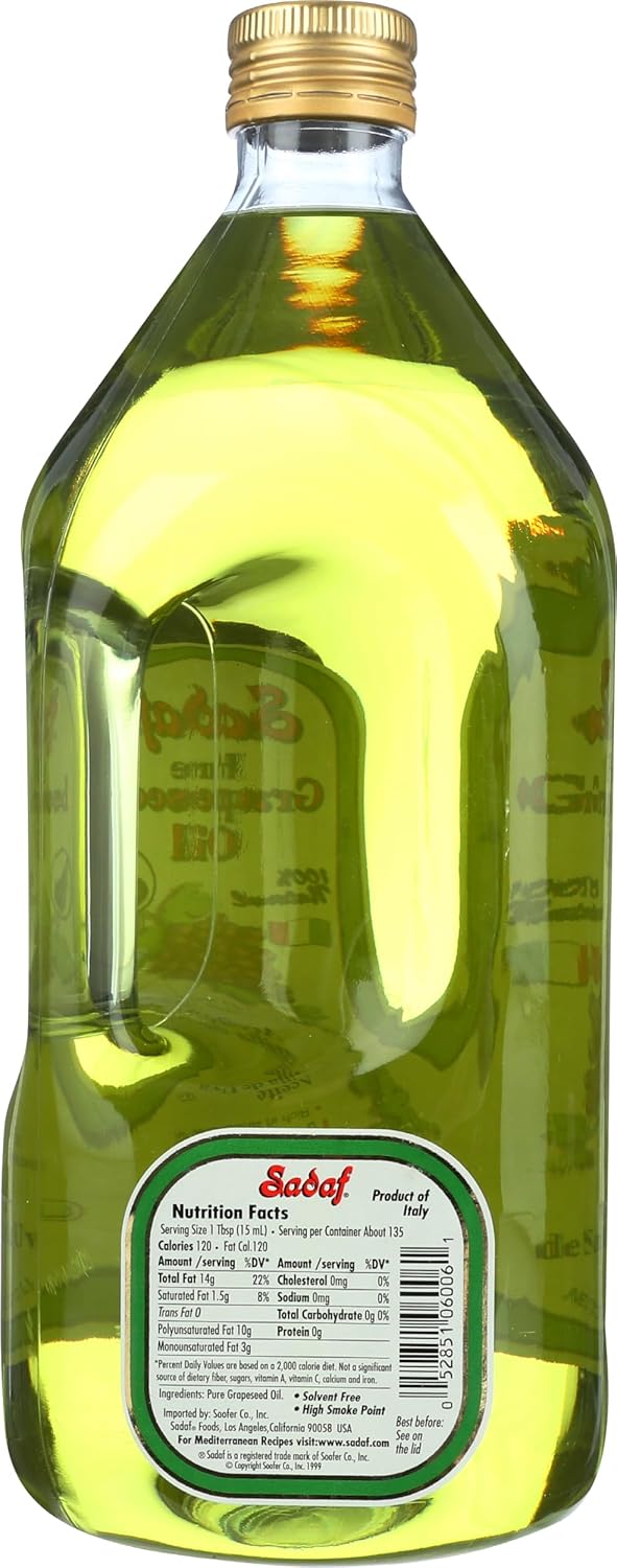 Sadaf Pure Grapeseed Oil - Grape Seed Oil for Cooking & Baking - Healthy Cooking Oil - High Smoking Point - Italian Cuisine - Kosher & Natural - 2L Bottle