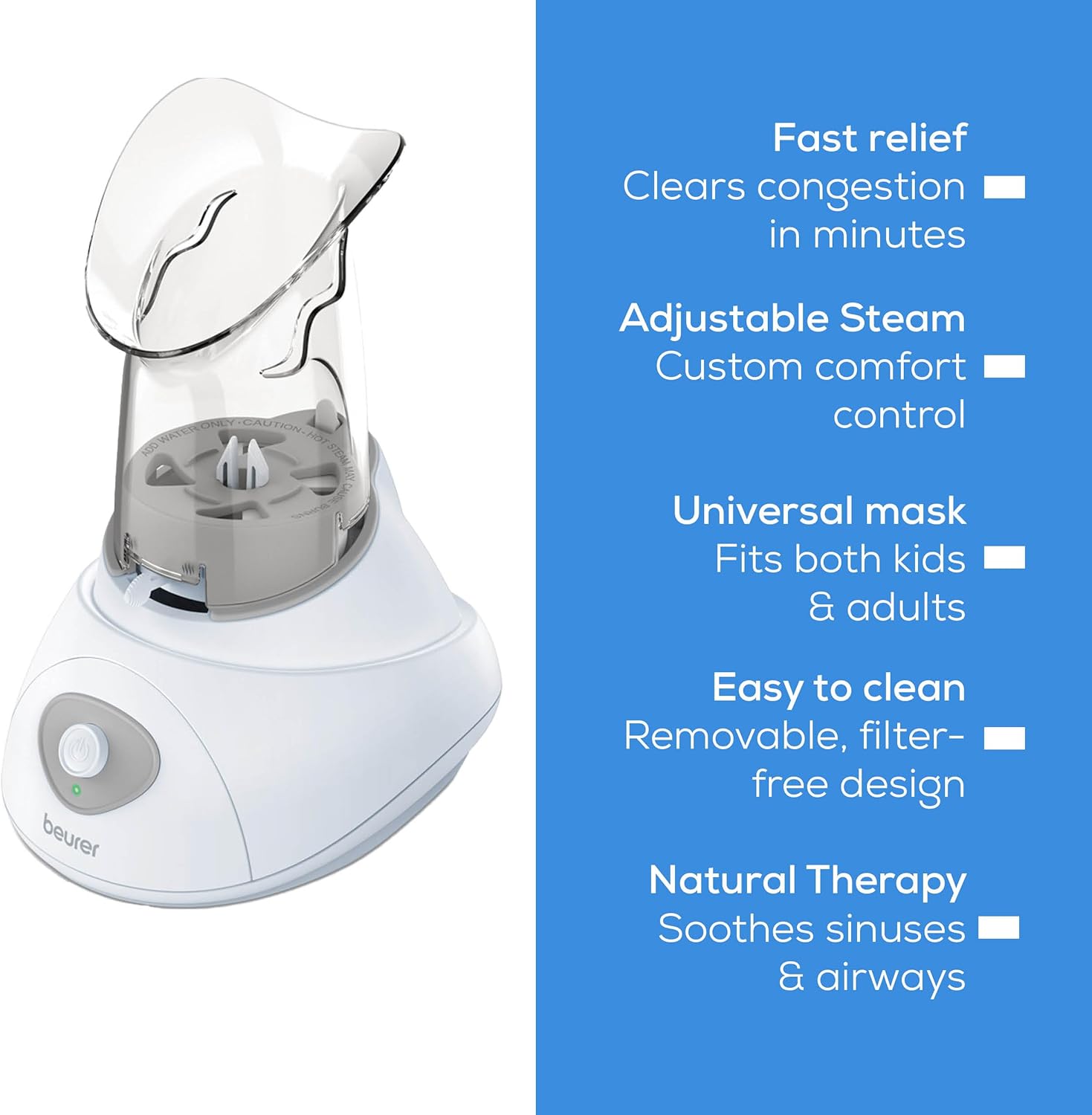 Beurer SI30 Steam Inhaler for Sinus Congestion & Allergies, Drug-Free, Quick 3-5 Minute Setup, Ultra-Quiet, Face Steamer with Variable Steam Control, Universal Mask, FSA/HSA Eligible