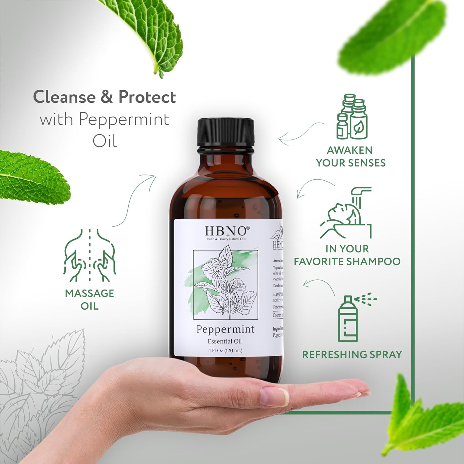 HBNO Peppermint Essential Oil - Huge 4 oz (120ml) and HBNO Organic Eucalyptus Essential Oil (Globulus) - Huge 4 oz (120ml) - Value Bundle