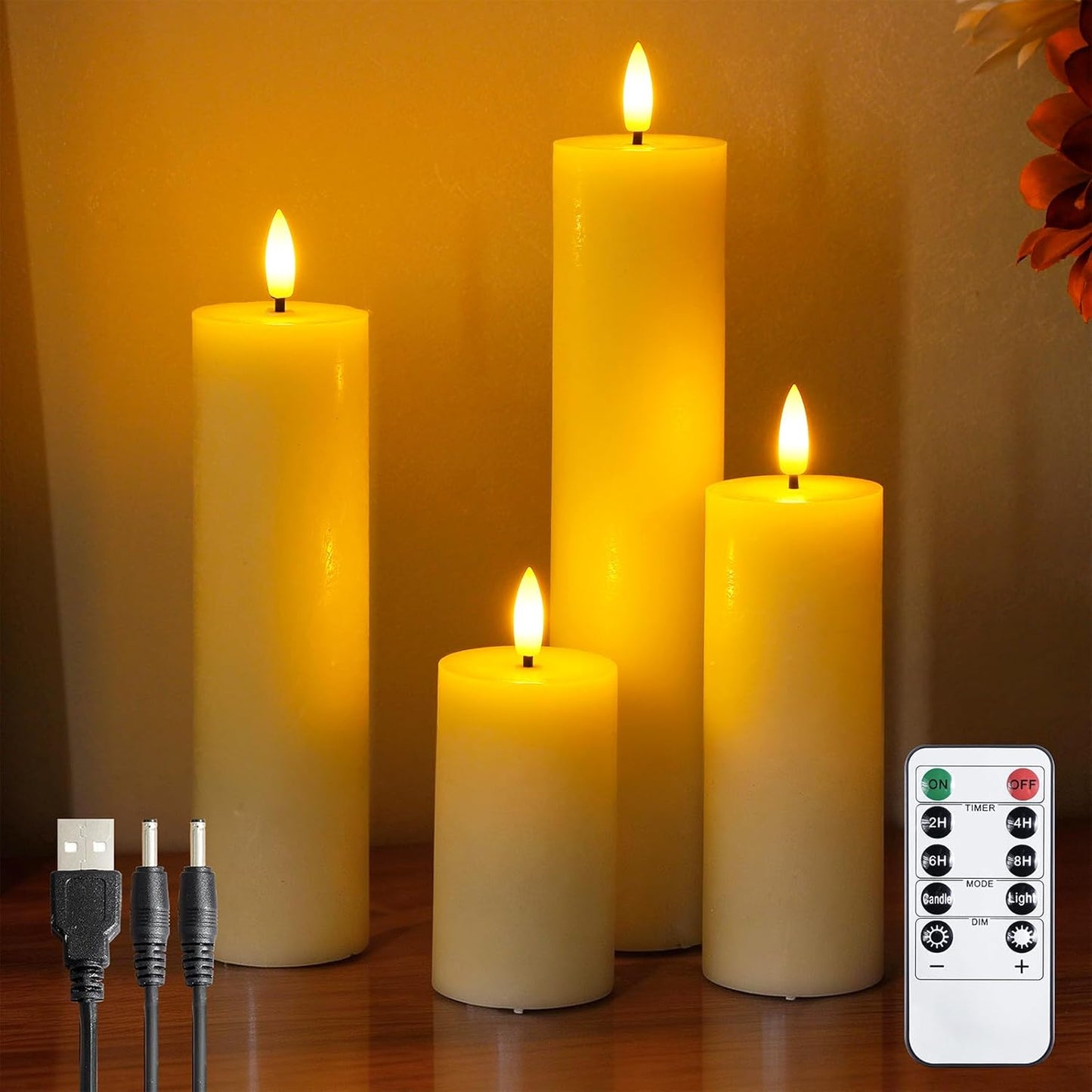 Rechargeable Flameless Flickering Tall Wax Remote 2.2" x4" 6" 8" 10" Ivory Candles, Timer Set of 4 LED Battery Operated Fake Warm Light Pillar Candles(Included USB Charging Cable with 2 Ports)