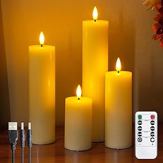 Rechargeable Flameless Flickering Tall Wax Remote 2.2" x4" 6" 8" 10" Ivory Candles, Timer Set of 4 LED Battery Operated Fake Warm Light Pillar Candles(Included USB Charging Cable with 2 Ports)