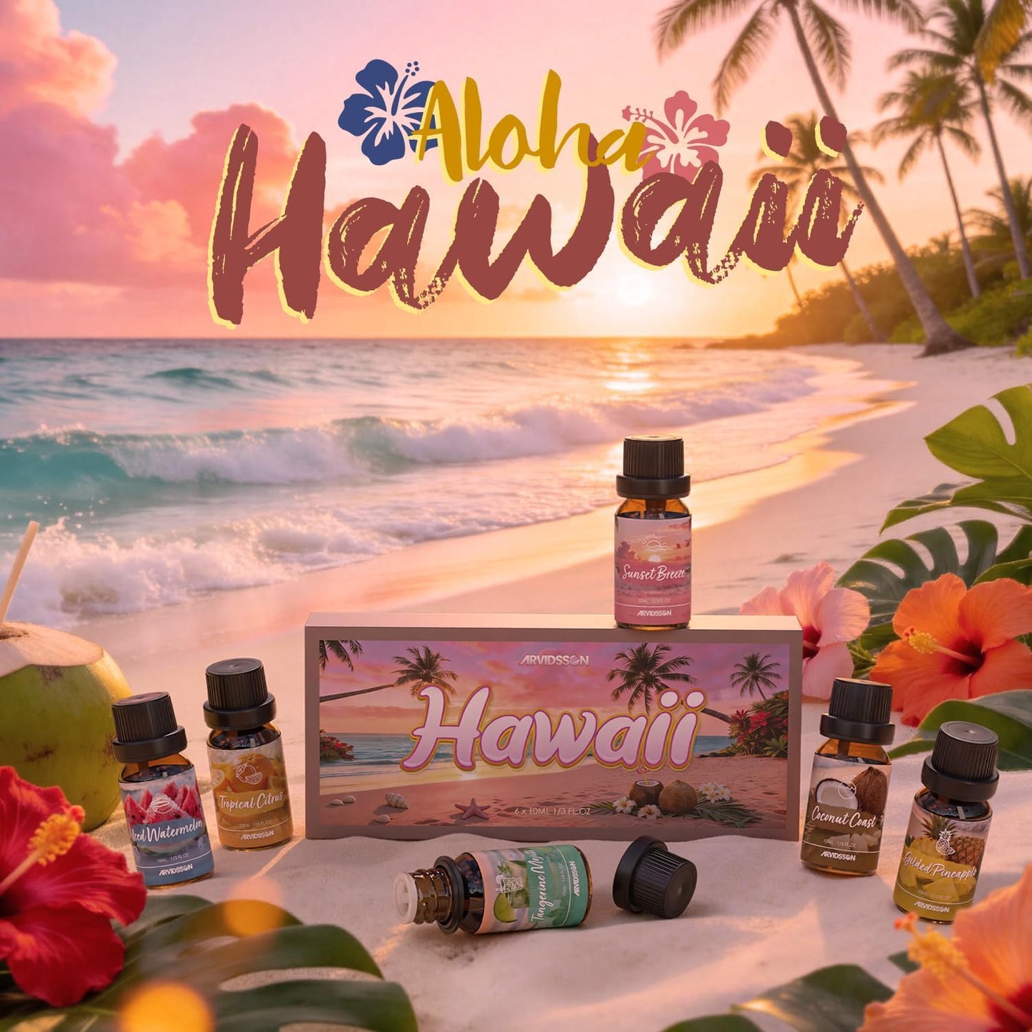 ARVIDSSON Hawaii Fragrance Oil Set, Summer Essential Oils for Diffuser, Tropical Scent Oils - Sunset Breeze, Coconut Coast, Gild Pineapple, Tropical Citrus, Iced Watermelon, Tanderine Mojito