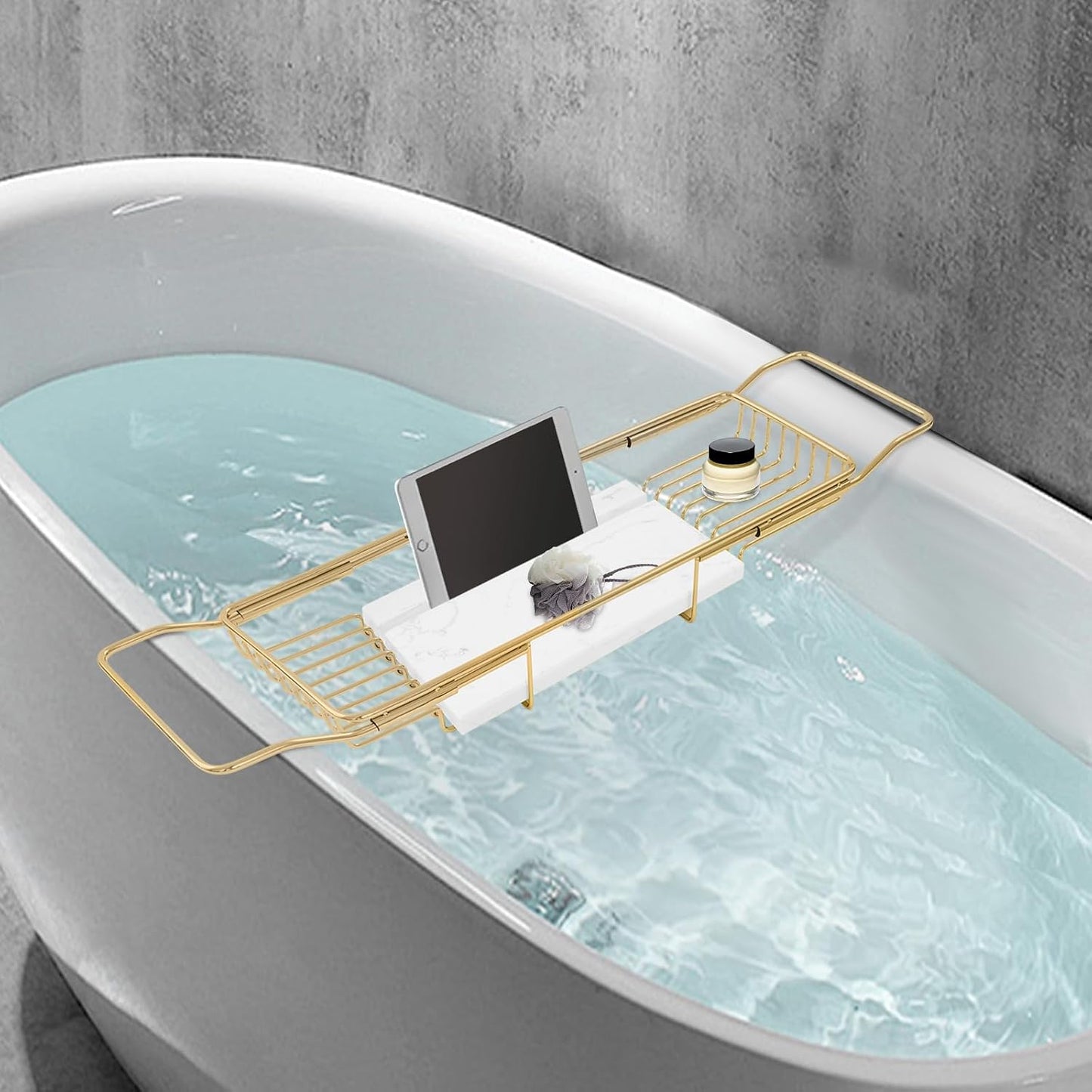Expandable Bathtub Tray Caddy for Luxury Bath, Extra Wide Acrylic Tub Tray with Natural Marble Board, Waterproof Bath Tub Shelf for Phone, Wine, Book, Tablet Stand - Ideal Home Spa (Gold, White)