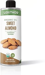 Lekithos Organic Sweet Almond Oil, 100% Certified Organic, Cold Pressed, Unrefined, Rich in Omega 3, 8oz, Single Ingredient Nutrition, Non-GMO
