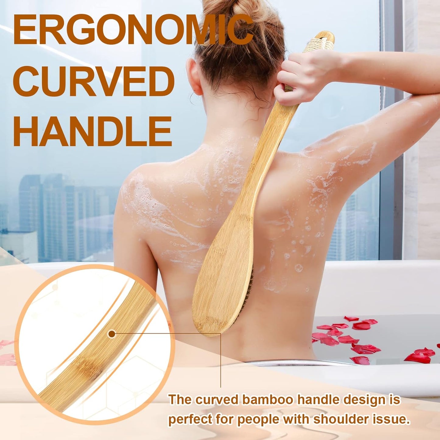 eaxun Bamboo Shower Brush with Curved Long Handle, 16.7 Inches Exfoliating Back Scrubber with Natural Bristles for Men & Women, Back Exfoliator Body Washer for Bath or Dry Brushing