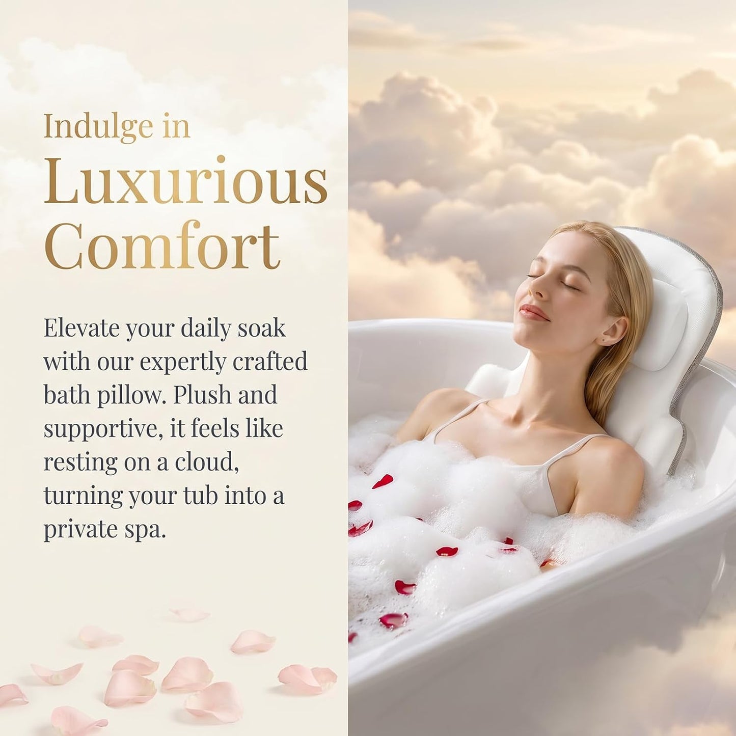 Full Body Bath Pillow, Luxury Bath Cushion with 192 Suction Cups, Bath Pillows for Tub for Head and Neck Support, with Laundry Bag White, 51" x 16"