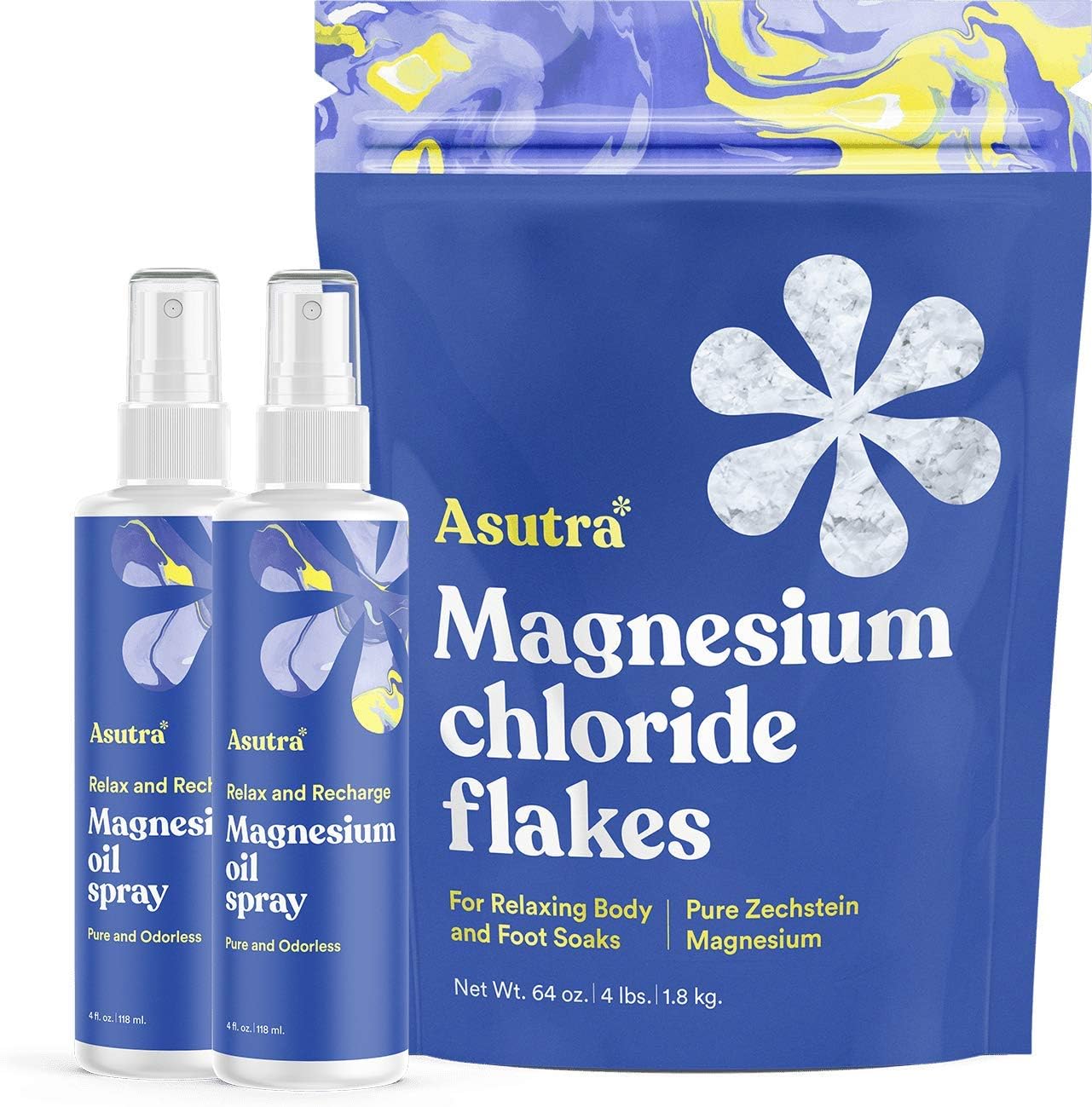 ASUTRA Pure Zechstein Bundle, 4 Lb Magnesium Flakes for Bath Soak and 2 Pack Topical Pure Magnesium Oil Spray for Feet, Leg and Foot Cramps, Tired Muscles, Better Sleep, 4 Fl Oz Each