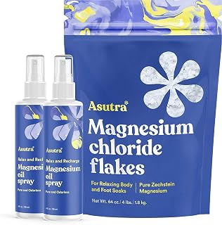 ASUTRA Pure Zechstein Bundle, 4 Lb Magnesium Flakes for Bath Soak and 2 Pack Topical Pure Magnesium Oil Spray for Feet, Leg and Foot Cramps, Tired Muscles, Better Sleep, 4 Fl Oz Each