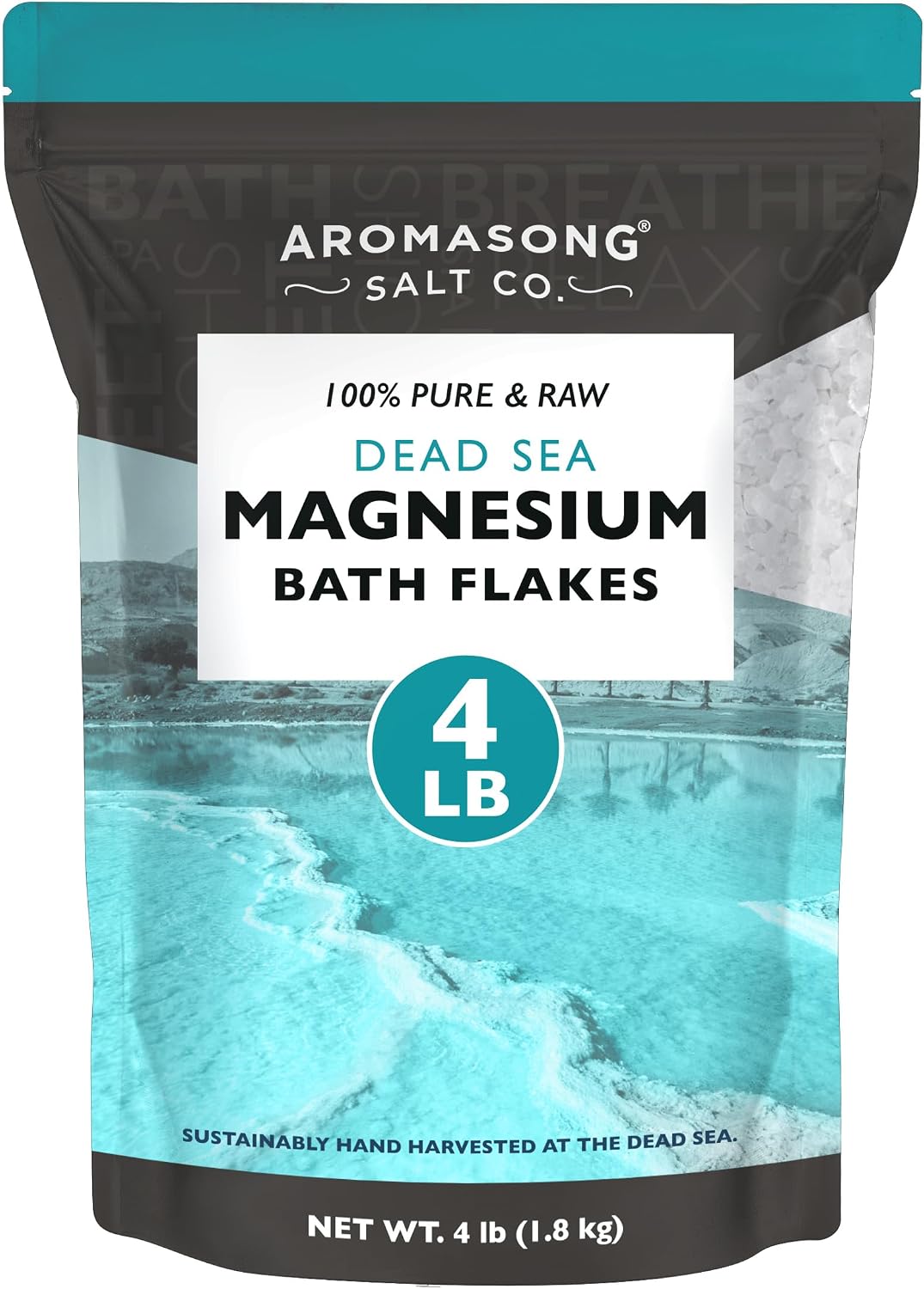 Aromasong Dead Sea Magnesium Flakes for Bath - More Than 16,325 Mg Magnesium Chloride per Bath - Superior Alternative to Epsom Salt - Used as Muscle & Foot Soak - 4 Lb Bag