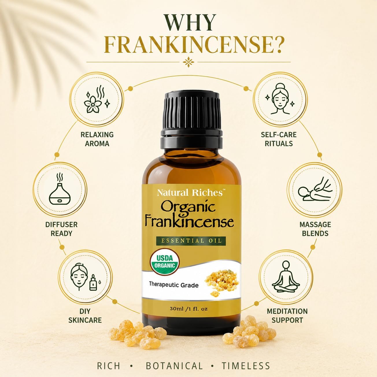 Natural Riches USDA Organic Frankincense Essential Oil 30 ml - Boswellia Serrata, 100% Pure Natural Undiluted, Therapeutic Grade for Diffuser Aromatherapy Premium Certified Organic