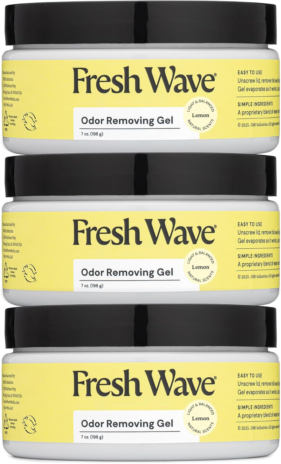 Fresh Wave Lemon Odor Removing Gel, 7 oz., Pack of 3 - Safer Odor Absorbers for Home, Natural Plant-Based Odor Eliminator, Every 7 oz. lasts 15-30 Days, For Cooking, Trash & Pets