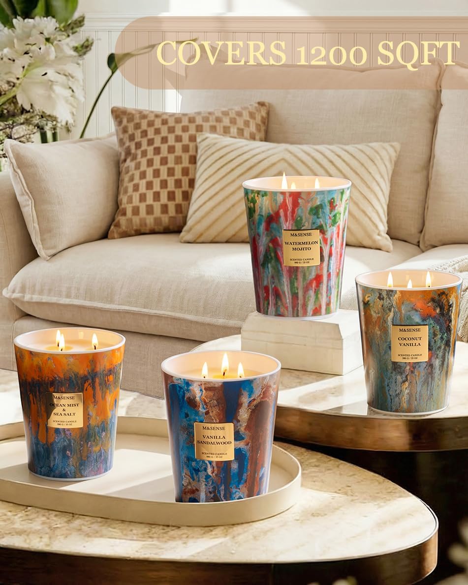 M&SENSE Large 3-Wick Ocean Scented Soy Candle, 35oz | 150 Hours, Non-Toxic, Fresh Summer Spa Home Fragrance, Decorative Relaxing, Home Decor