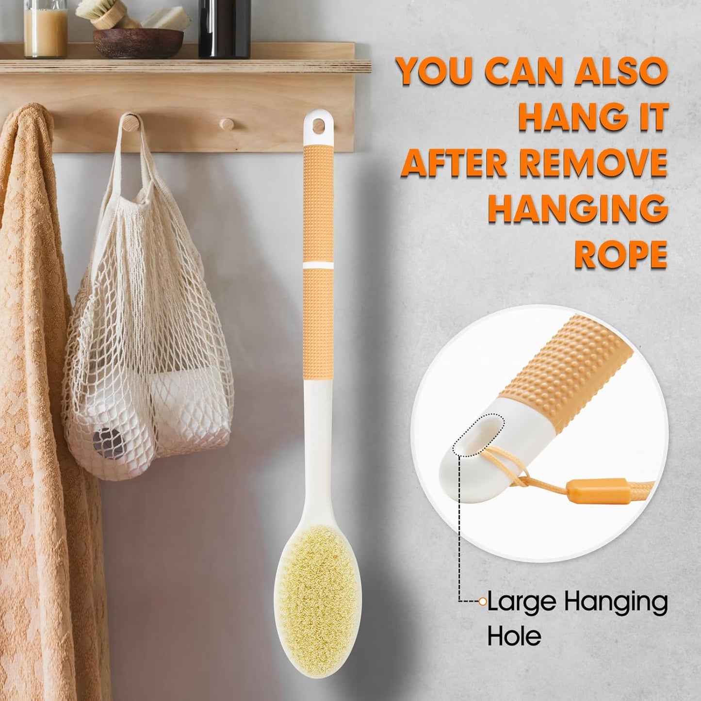 Backski Body Scrubber Anti Slip for Shower, Shower Brush Long Handle with Stiff and Soft Bristles, Body Wash Exfoliating Back Scrubber for Bath or Dry Brushing Body Brush(Orange)
