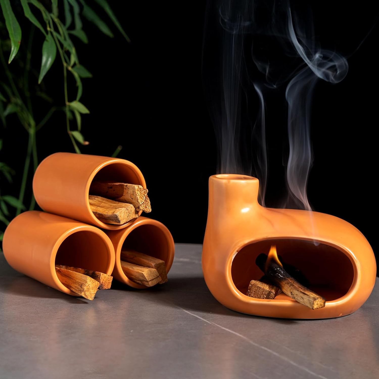 MOUGIGI Palo Santo Holder Set with 3 Matchstick Holders - Modern Handcrafted Ceramic Incense Burner with Chiminea, Perfect for Meditation - Smudge Bowl for Palo Santo Sticks, Sage, and Cones.