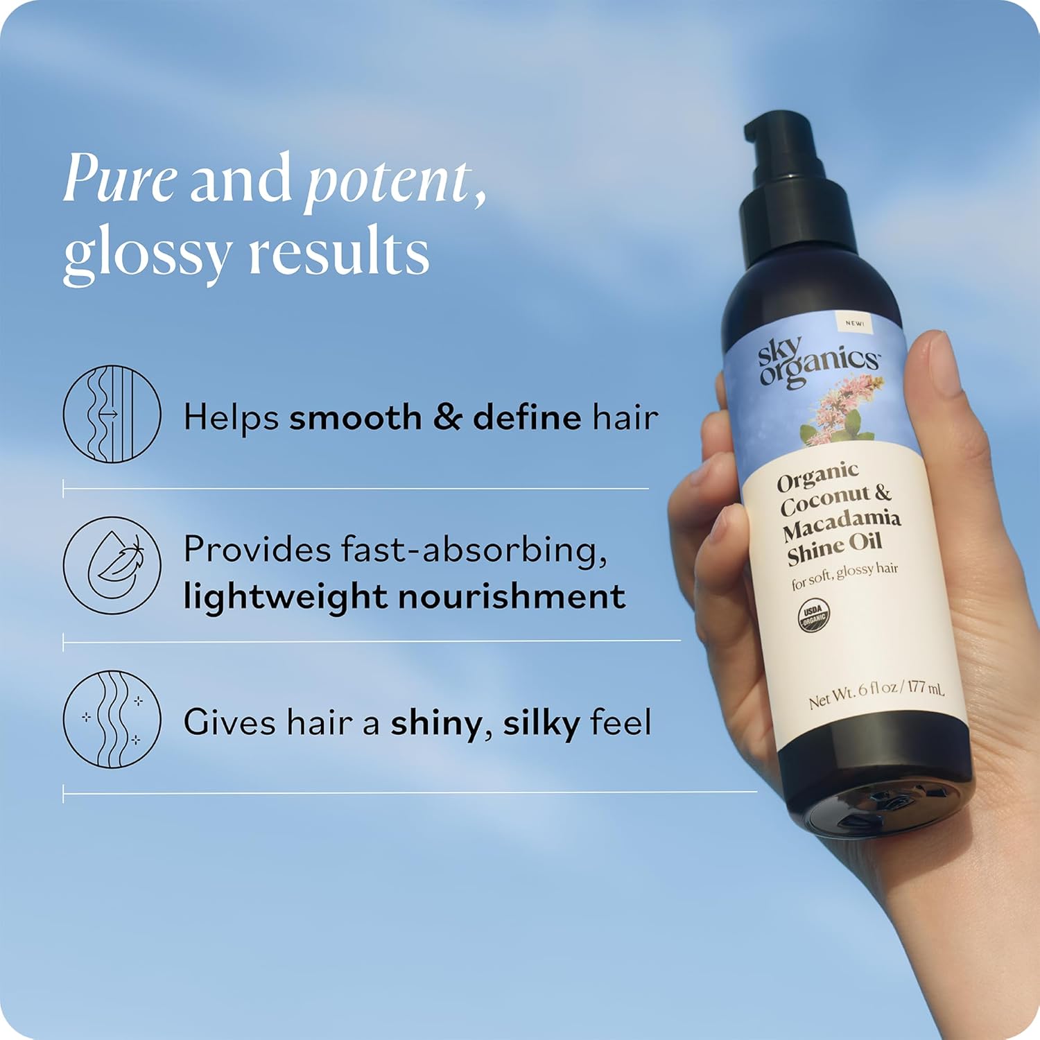 Sky Organics - Organic Coconut & Macadamia Shine Oil (6 fl oz/177 mL) Soft, Glossy, Hydrating Hair Oil - Organic Lavender, Sunflower, & Jojoba - Vegan, Cruelty Free, Hair Care with eBook