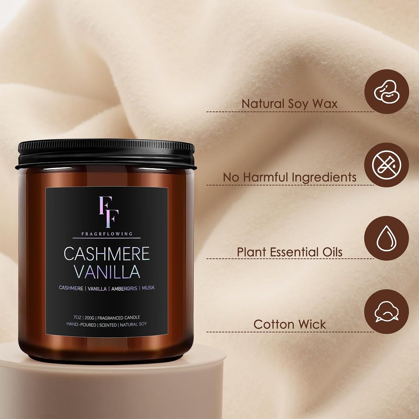 Cashmere Vanilla Scented Candle for Home Soy Wax Candle, Aromatherapy Candle Gift for Women Men, 7oz