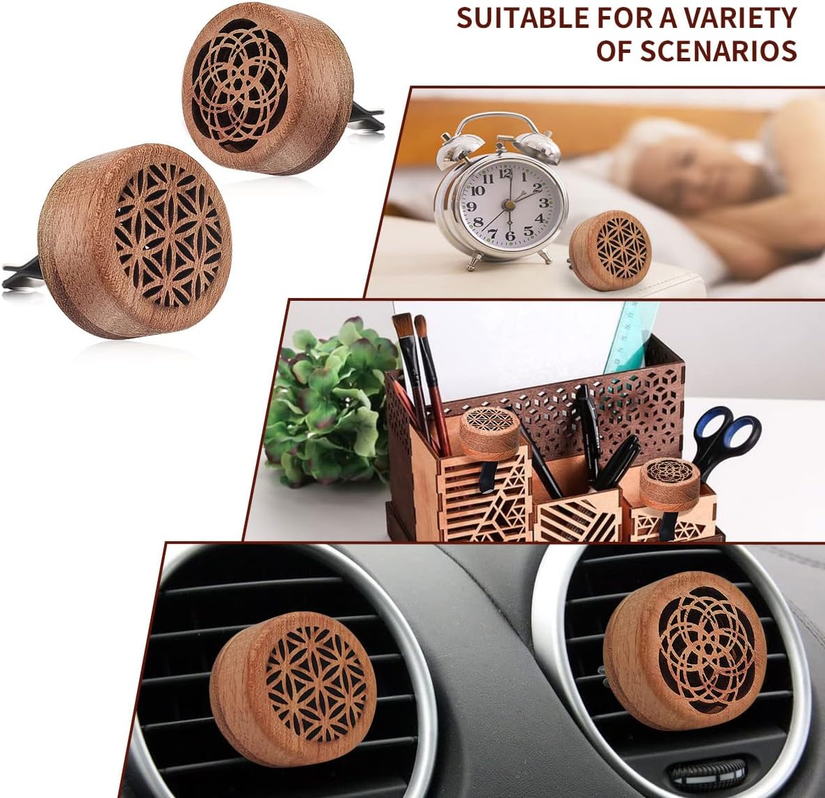 2-in-1 Car Aromatherapy Diffuser & Air Freshener, Portable Mini Wood Diffuser with Lava Stone, Essential Oil Vent Clip, 2 Charming Patterns