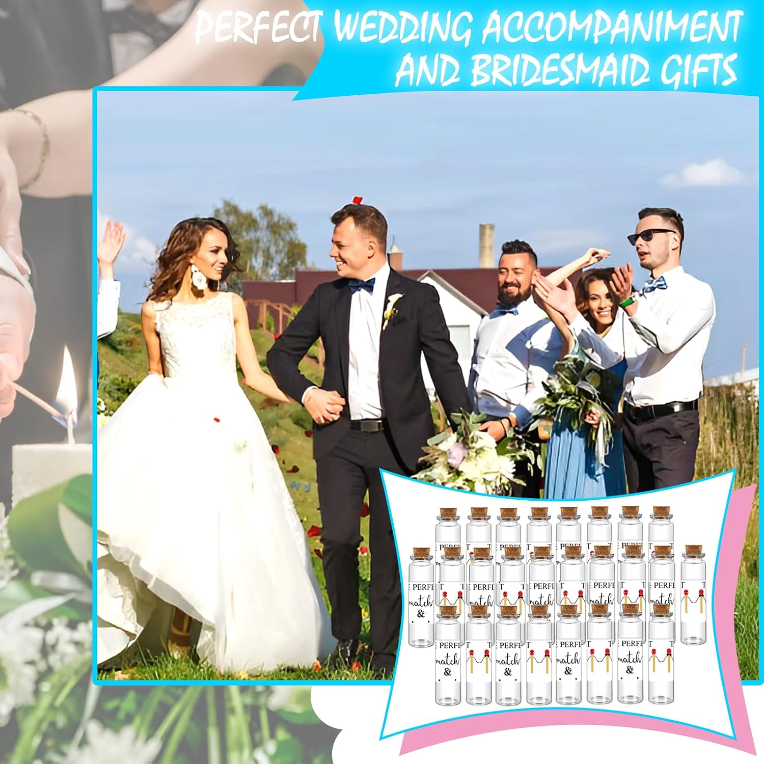 26 Set of Empty Match Jars With Cork Top And 30 Striker Stickers and 30 DIY Wedding Themed Stickers.DIY Bulk Glass Match Holder,Suitable for Guest Gifts,Bridal Shower Party Favors.