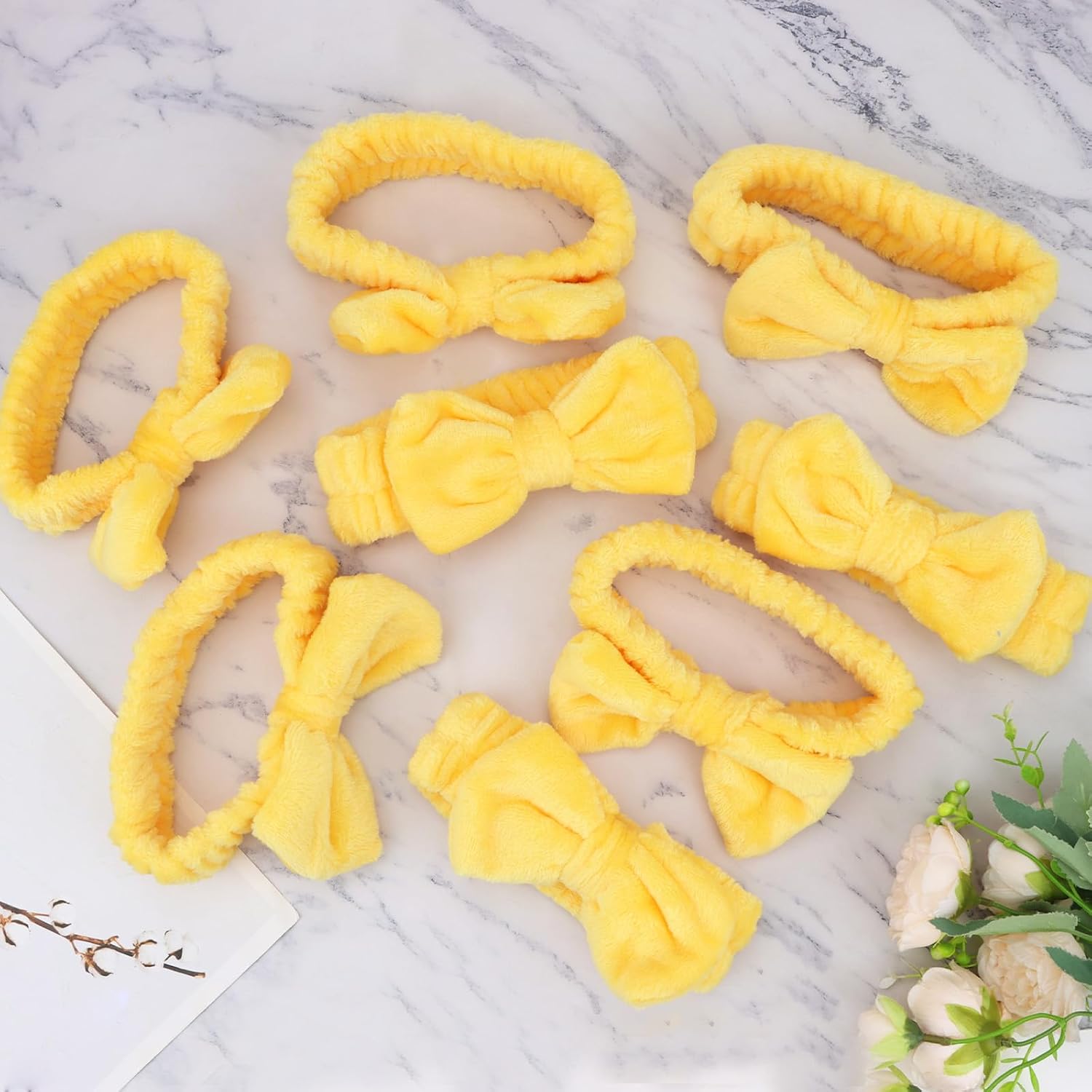 Ondder 8 PCS Yellow Bow Spa Headbands for Women, Soft Coral Fleece Non Slip Makeup Headbands for Face Washing Skincare Yoga