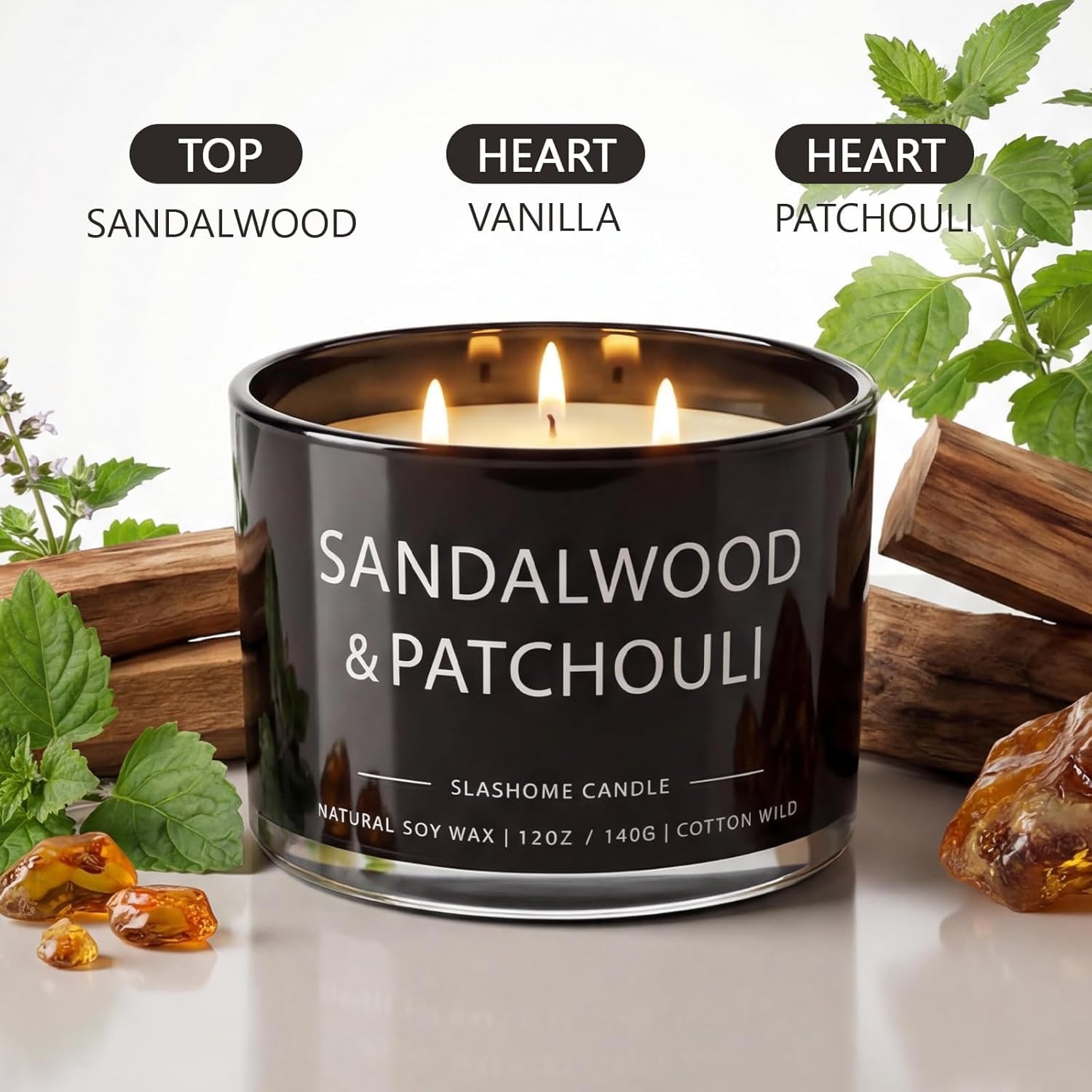 Sandalwood & Patchouli Scented Candle, Luxury Large 3 Wick Soy Candle 12 Oz, 60+ Hour Long Lasting Clean Burn, Elegant Aromatherapy Home Decor, Housewarming & Birthday Gift for Men & Women