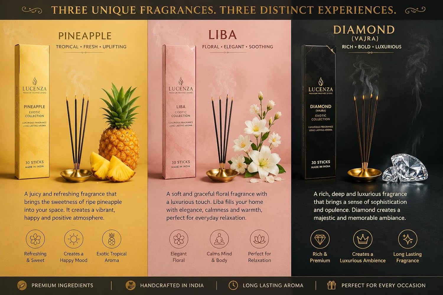 Lucenza Exotic Incense Sticks Variety Pack, Pineapple, Liba & Diamond Fragrances, Premium Agarbatti for Home Fragrance, Relaxation, Meditation & Aromatic Living, 120 Sticks (4 Boxes)