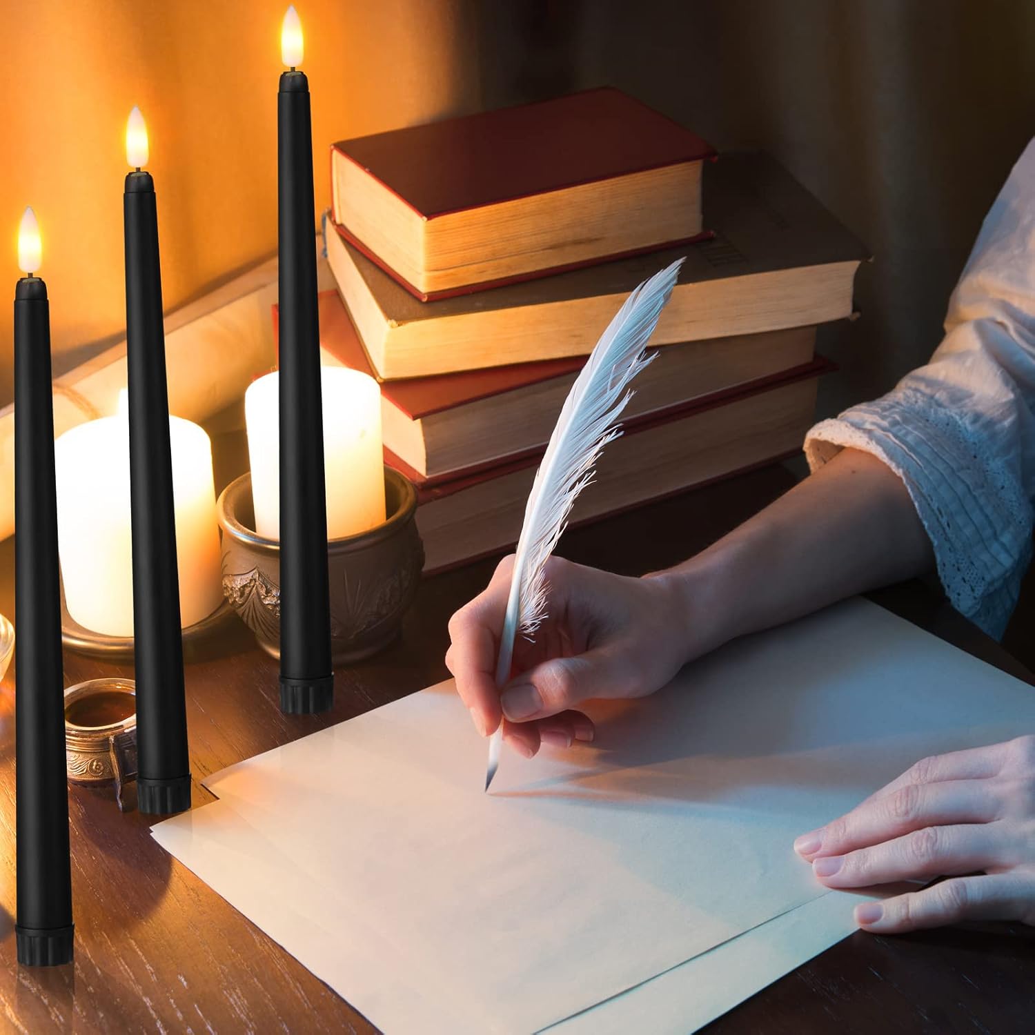 Handepo 48 Pack Flameless Taper Candles Realistic with Yellow Flickering Candlelights Plastic 11 Inch Last Long Battery Operated Window Candlestick for Halloween Christmas(Black)