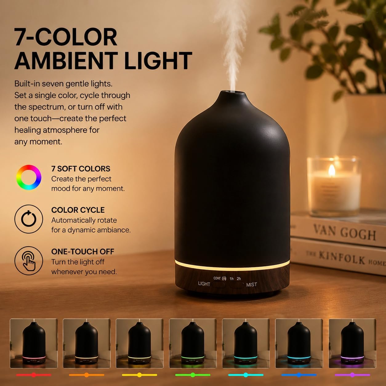 200ml Ceramic Essential Oil Diffuser with 3 Essential Oil Set, Porcelain Ultrasonic Cool Mist with7-Color LED Lights,Timer, Auto-Off Quiet Diffuser for Home Office Desk, Bedroom, Spa, Yoga Room