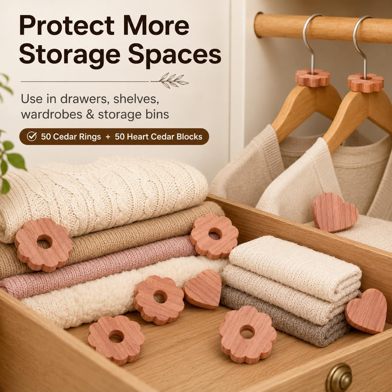 100 Pack Cedar Blocks for Clothes Storage, 100% Natural Aromatic Cedar Blocks for Closet, Wardrobe, Drawers and Shelves - 50 Rings and 50 Hearts Scented Wardrobe Freshener