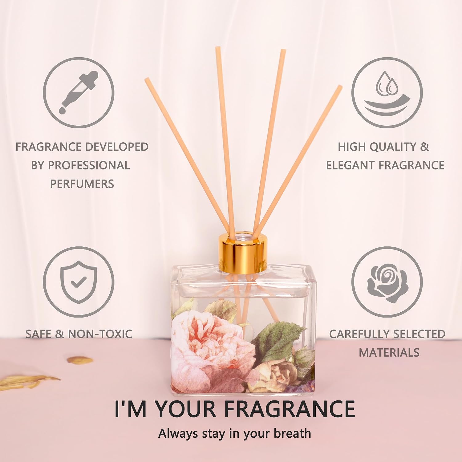 Reed Diffuser Set Rose Scent 3.38 Oz Reed Diffuser with Sticks - Bedroom Bathroom Shelf Valentine's Day Decor