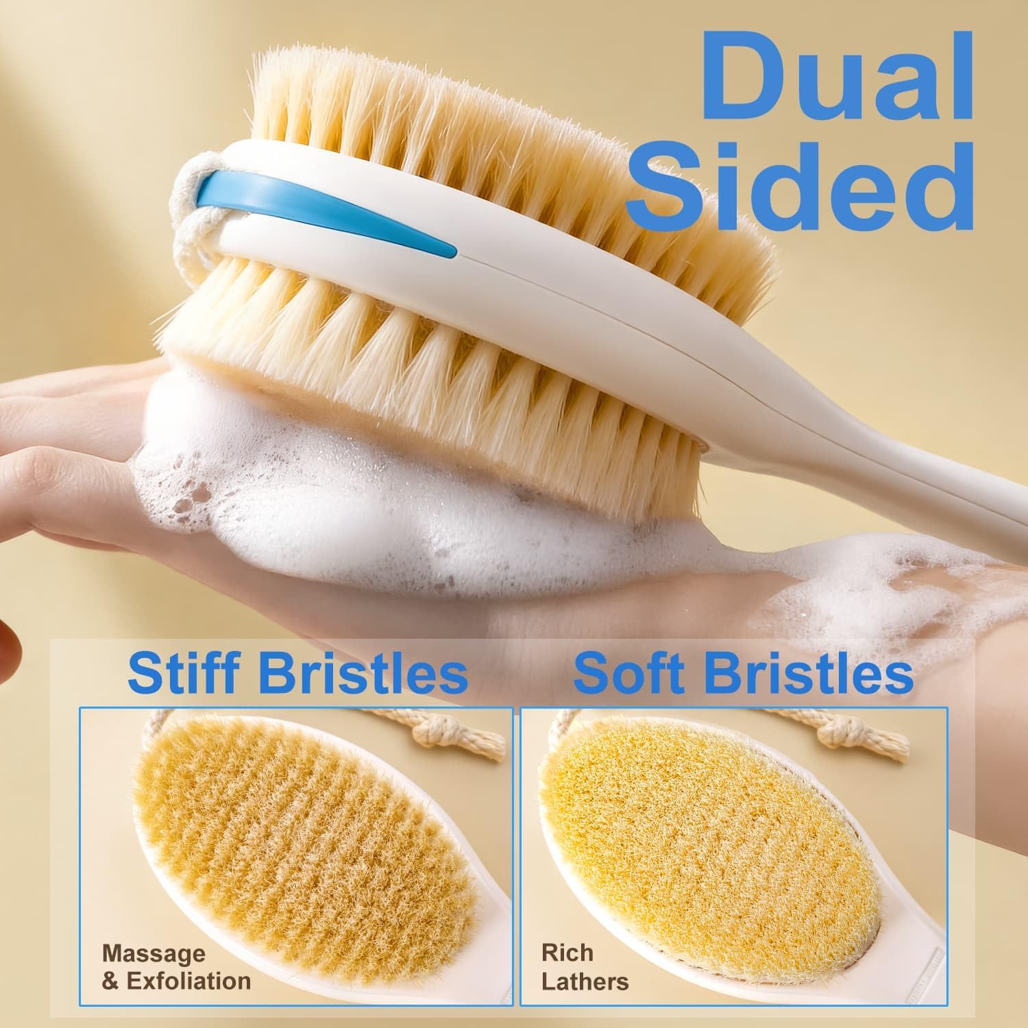 BUBBLEDANCE® Extendable Back Scrubber –Anti-Slip Dual-Sided, 4X Power Scrub | Extendable 17.5"-31.9" for 4X power – stiff & soft nylon bristles, non-slip grip, quick-dry rust-proof, rich lather