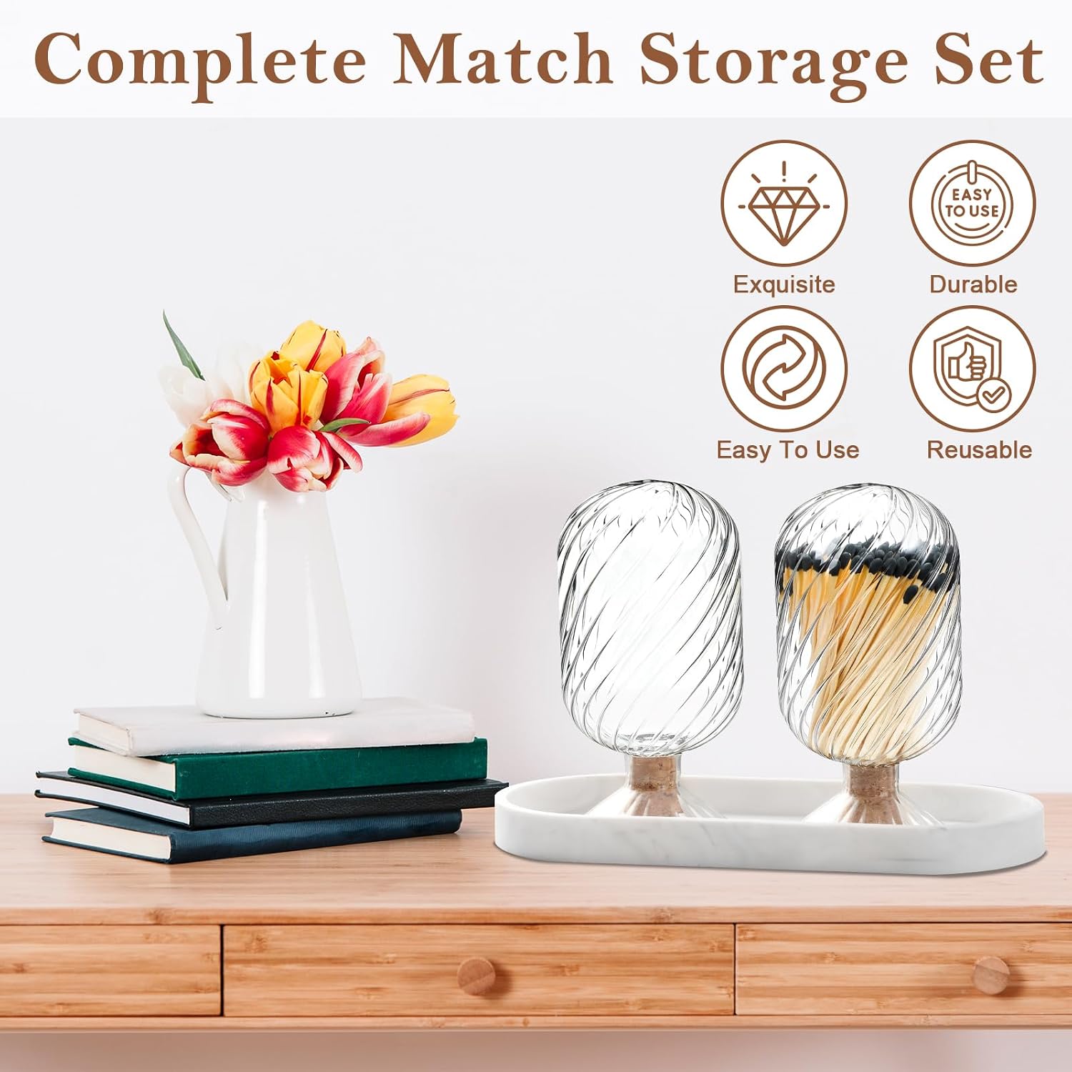 2 Pcs Glass Cloche Match Holder for 4 Inch Long Matches with Silicone White Marble Tray Helix Shaped Matches Jar Long Match Box Decorative for Candles Fireplace Bathroom Grill Camping (No Match)