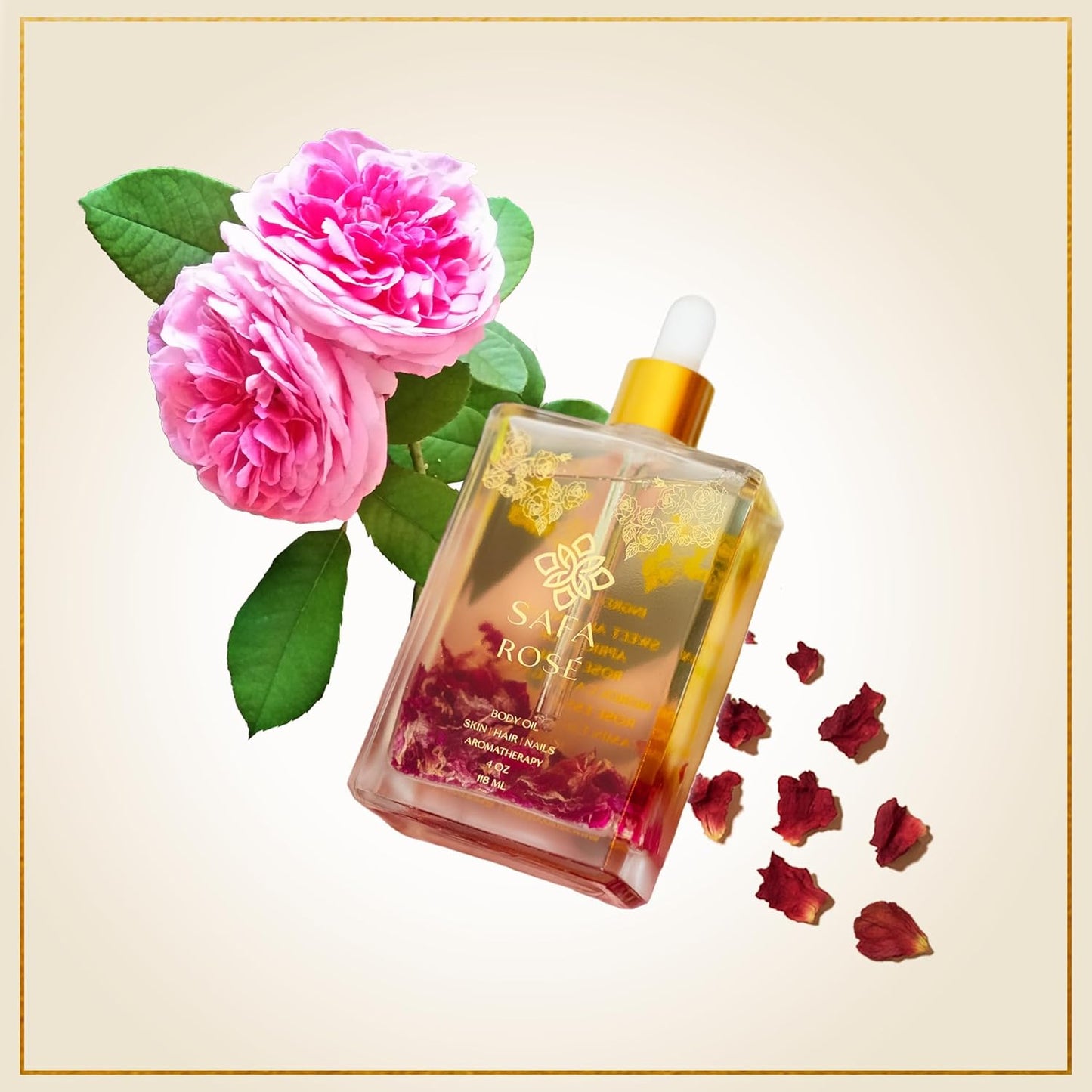 SAFA Rosé Oil - Organic Multi Use Body, Hair & Face Oil | Bulgarian Rose, Moroccan Argan, Vitamin E, Sweet Almond | After Shower Hydrating Oil | Naturally Scented for Women & Men 4 Fl Oz