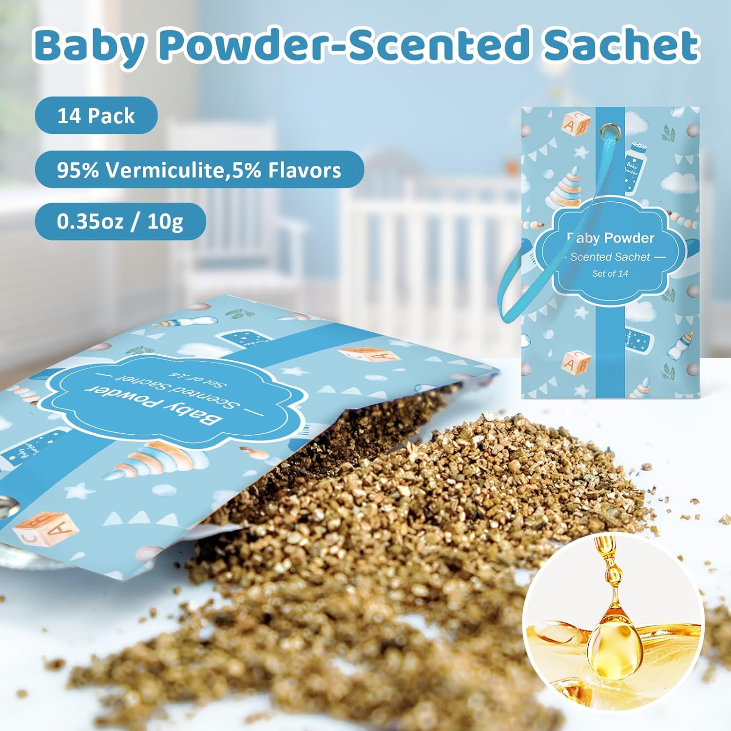 SCENTORINI Scented Sachets for Drawers and Closets, Baby Powder Scent 14 Pack, Long-Lasting Sachets Bags Wardrobe Freshener for Drawers, Closets, Handbags, Suitcases