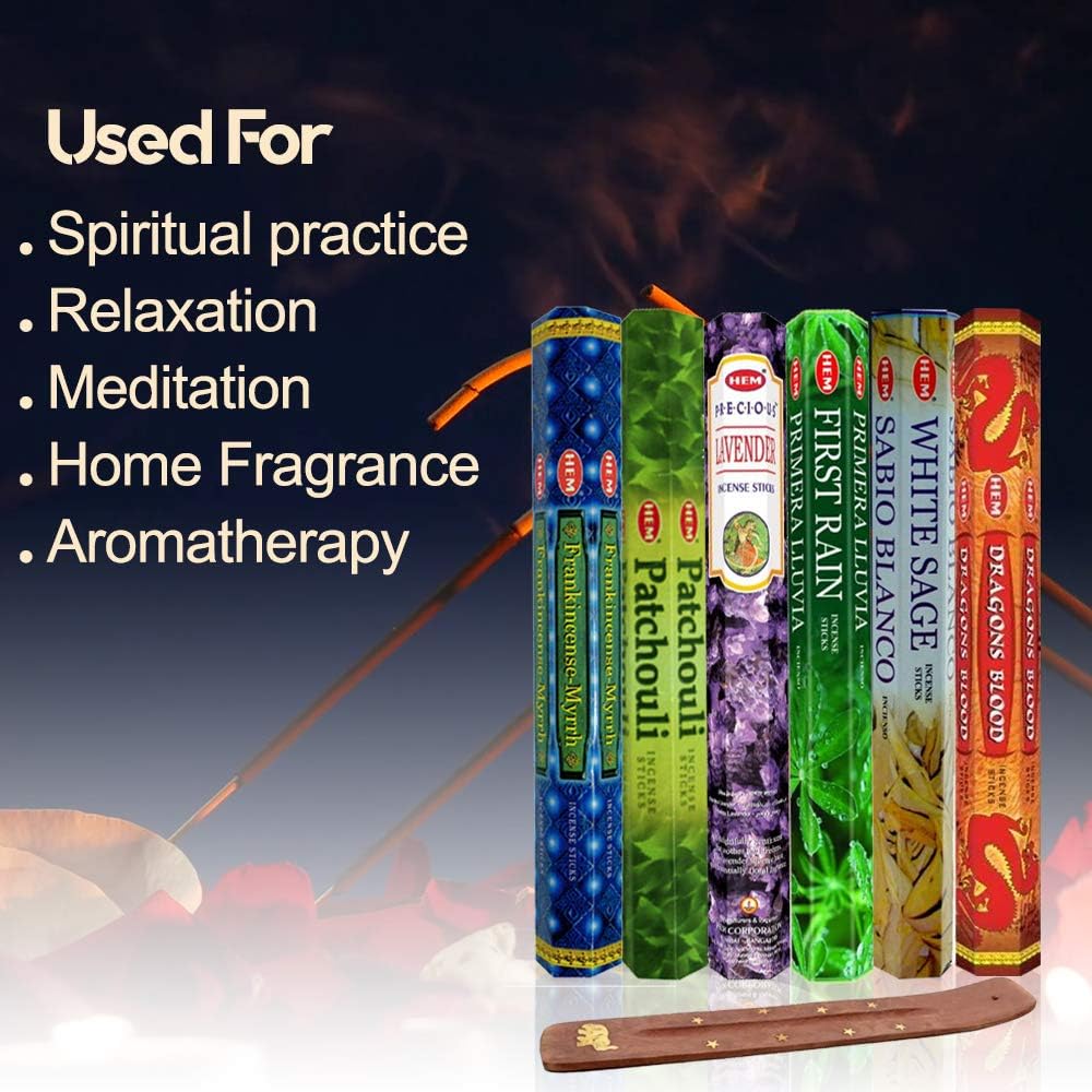 Six Most Popular HEM Incense Scents With Free Burner - 40 Sticks Each of Dragon's Blood, Frankincense & Myrrh, Patchouli, Precious Lavender, First Rain, and White Sage 240 TOTAL STICKS