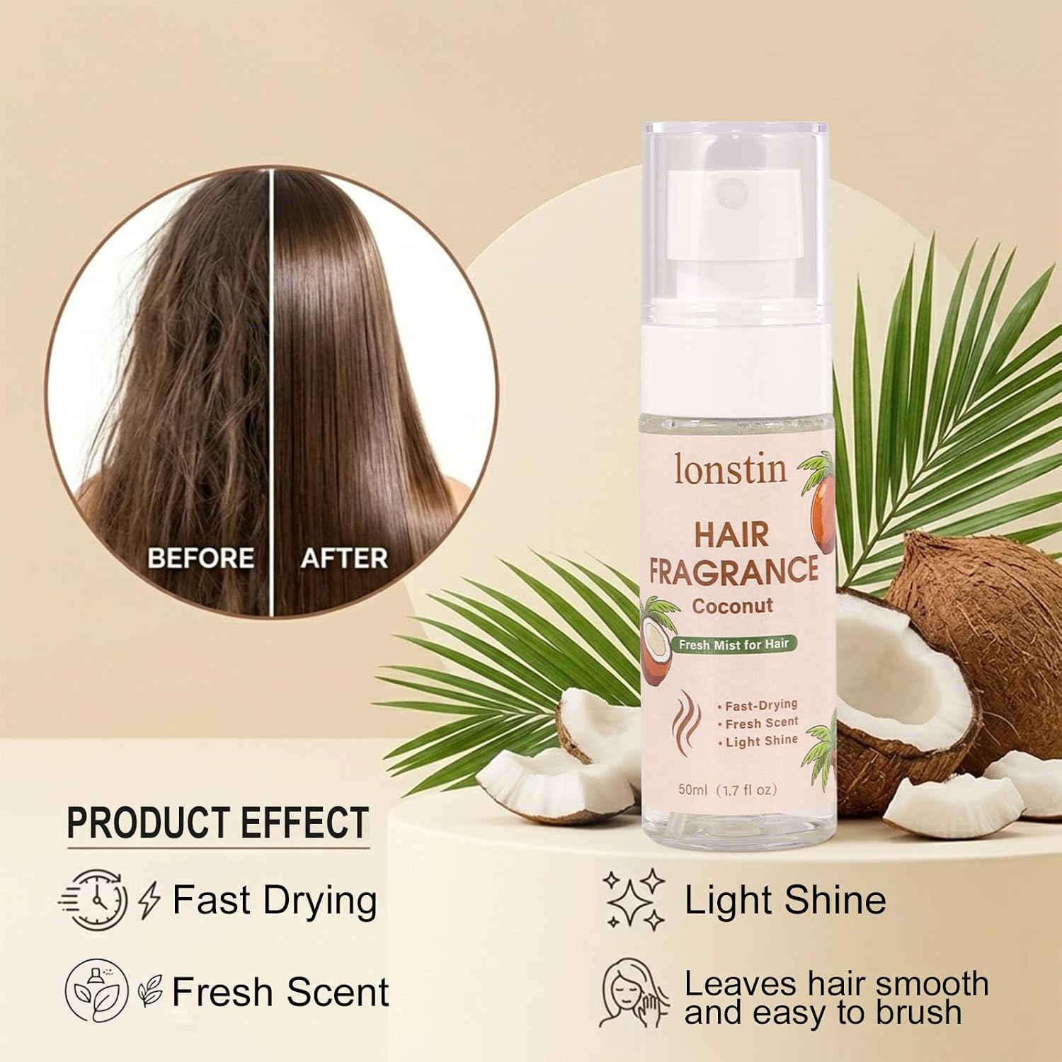 coconut Hair Frangrance for Women, Long-Lasting Scented Hair Spray & Body Mist, Freshen Hair, Body & Pillows, Lightweight Non-Greasy Mist for Dry & Frizzy Hair, 100ml