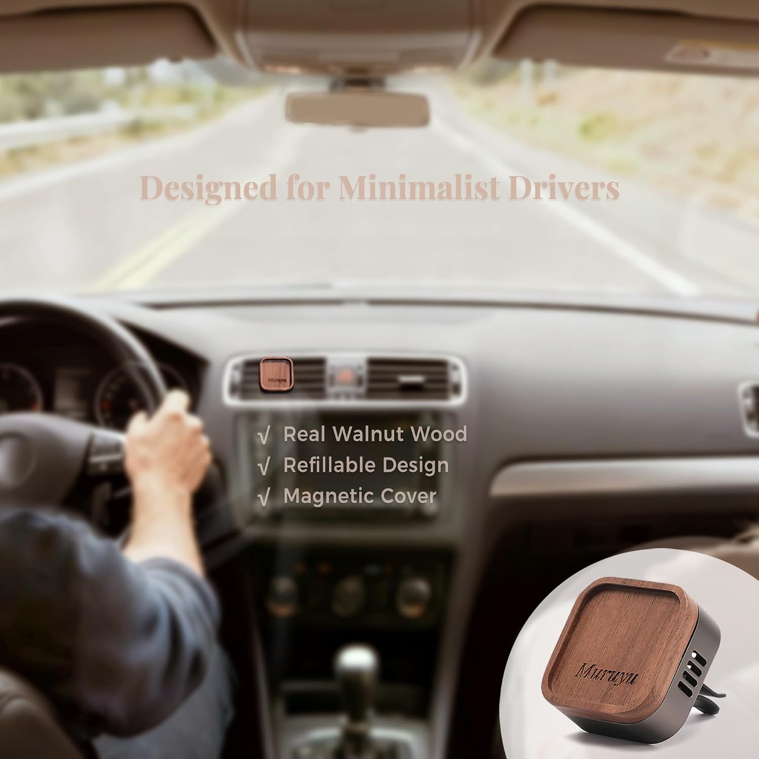 Walnut Wood Car Vent Diffuser, Essential Oil Diffuser for Car, Zinc Alloy with Magnetic Cover, Refillable Non-Electric Air Freshener, Subtle & Controlled Scent
