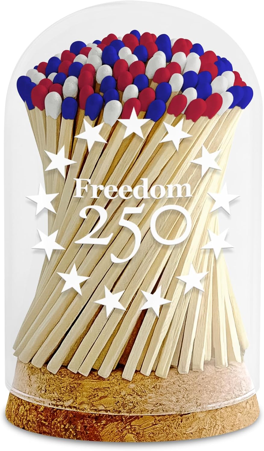 Decorative Matches in a F250 White Stars Glass Jar | 4" Red White Blue Long Matches (100 Match Sticks) + Cork Top Glass Holder + Striker Stickers | Gifts & Décor | Thankful Greetings
