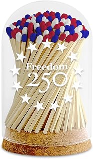 Decorative Matches in a F250 White Stars Glass Jar | 4" Red White Blue Long Matches (100 Match Sticks) + Cork Top Glass Holder + Striker Stickers | Gifts & Décor | Thankful Greetings