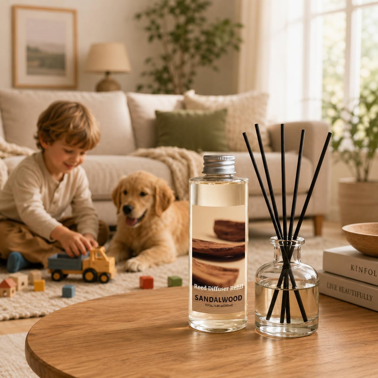 STRN Reed Diffuser Oil Refill, Sandalwood Scented Diffuser Oil Refills with 6 Reed Sticks 200ML(6.8fl.oz), Summer Long-Lasting Fragrance for Living Room, Bedroom, Office, Home Décor