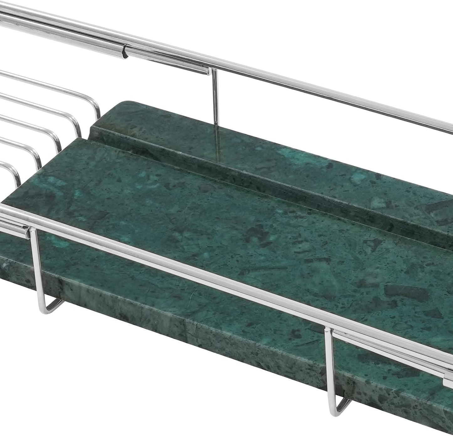 Expandable Stainless Steel Bathtub Caddy Tray, Adjustable Over Tub Rack Marble Board Anti-Slip Groove Raised Guardrail Modern Bath Organizer for Home Hotel Bathroom Use (Silver + Green)