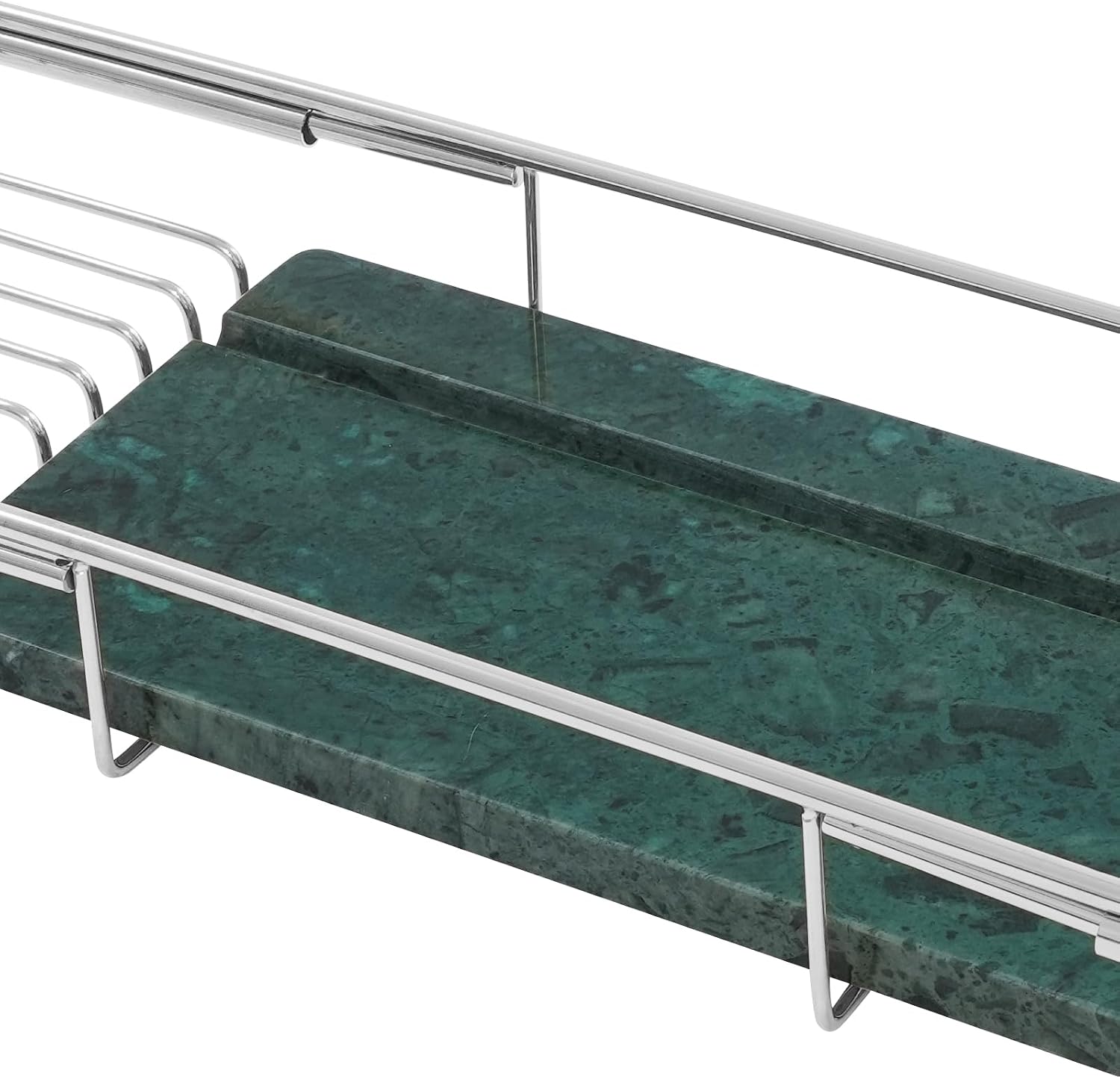 Expandable Stainless Steel Bathtub Caddy Tray, Adjustable Over Tub Rack Marble Board Anti-Slip Groove Raised Guardrail Modern Bath Organizer for Home Hotel Bathroom Use (Silver + Green)