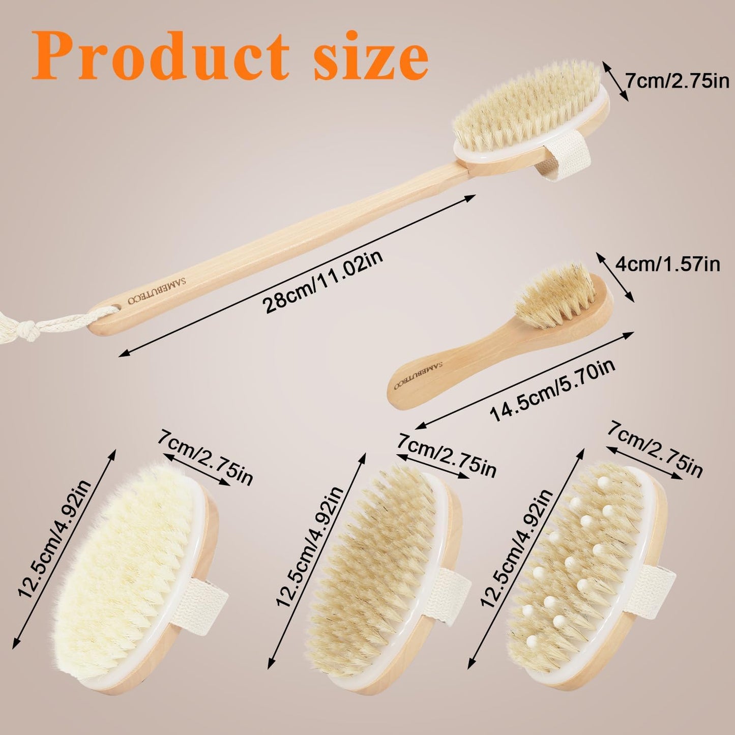 SAMEBUTECO Dry Brushing Body Brush Set with Slide-in Long Handle, 4-in-1 Wooden Bath Scrubber with Face Brush & 3 Interchangeable Heads (Boar Bristle, Soft Washer, Nodal Massager) for Exfoliating