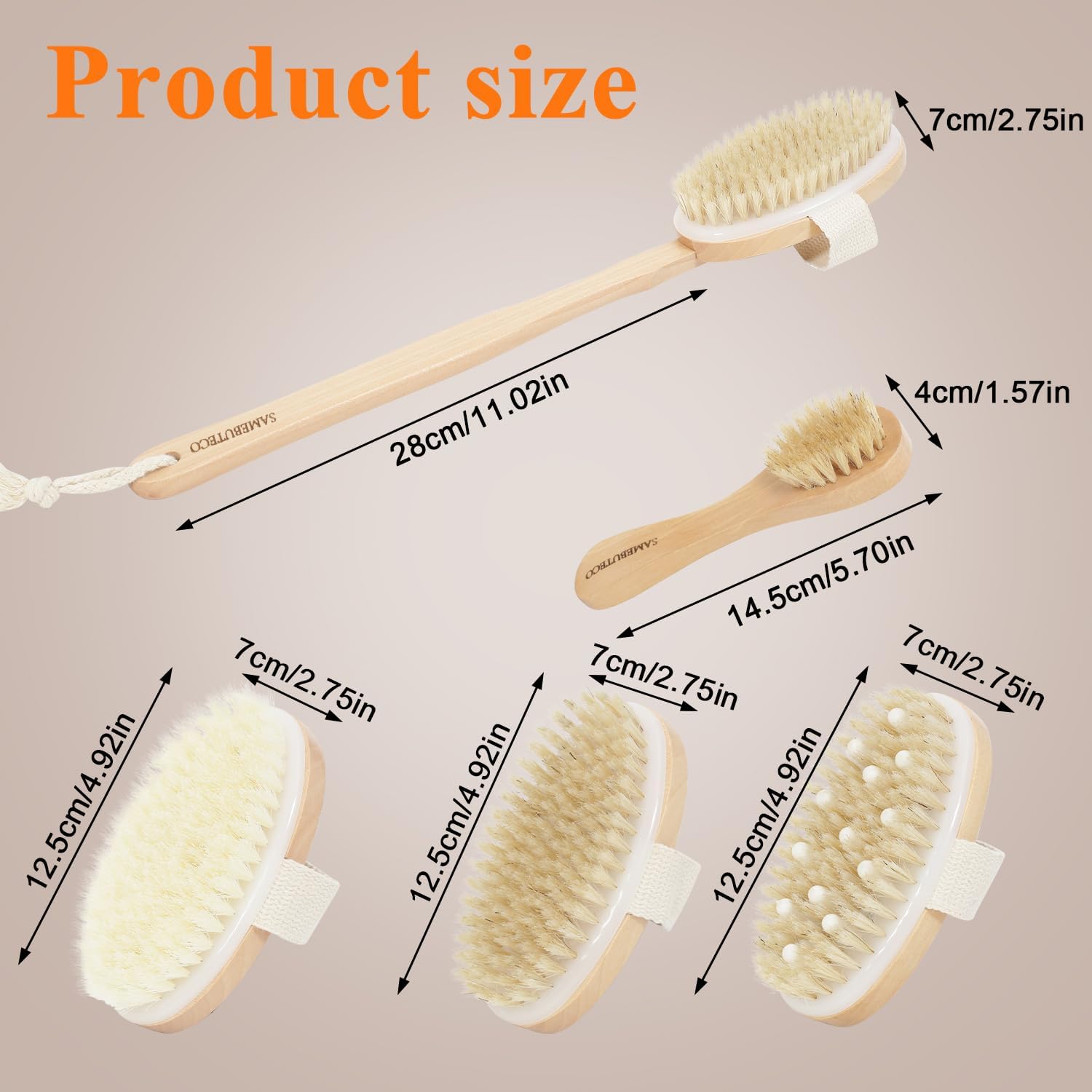 SAMEBUTECO Dry Brushing Body Brush Set with Slide-in Long Handle, 4-in-1 Wooden Bath Scrubber with Face Brush & 3 Interchangeable Heads (Boar Bristle, Soft Washer, Nodal Massager) for Exfoliating