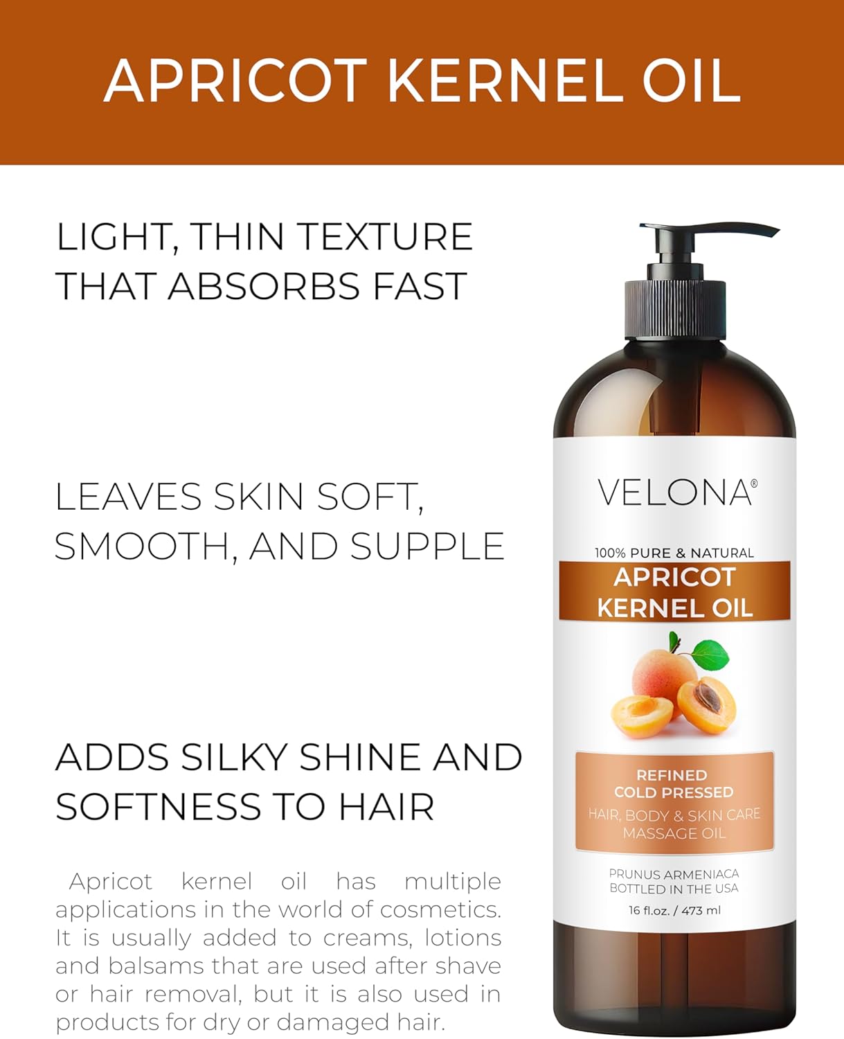 velona Apricot Kernel Oil 16 fl oz | 100% Pure and Natural Carrier Oil | Refined, Cold Pressed | Hair, Body and Skin Care | Use Today - Enjoy Results
