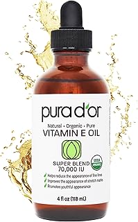 PURA D'OR 4 Oz Organic Vitamin E Oil 70,000 IU, USDA Certified Ayurvedic Skin Care, Face, Body w/Argan, Jojoba, Rosehip, Apricot, Almond & Avocado, Lightweight Moisturizer for Soft, Smooth Skin
