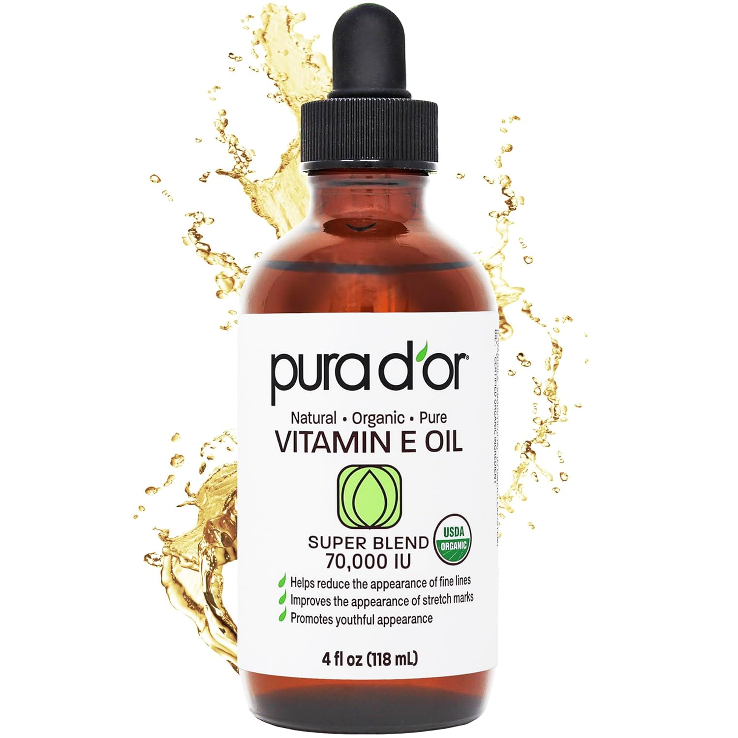 PURA D'OR 4 Oz Organic Vitamin E Oil 70,000 IU, USDA Certified Ayurvedic Skin Care, Face, Body w/Argan, Jojoba, Rosehip, Apricot, Almond & Avocado, Lightweight Moisturizer for Soft, Smooth Skin