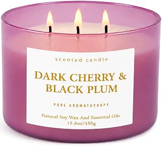 Dark Cherry Black Plum 3-Wick Soy Candle, 15.8 oz Scented Candle for Home | Black Cherry, Plum & Vanilla Notes, Aromatherapy, Highly Scented, Clean Burn, Summer & Fall candle, Gift for Women & Men