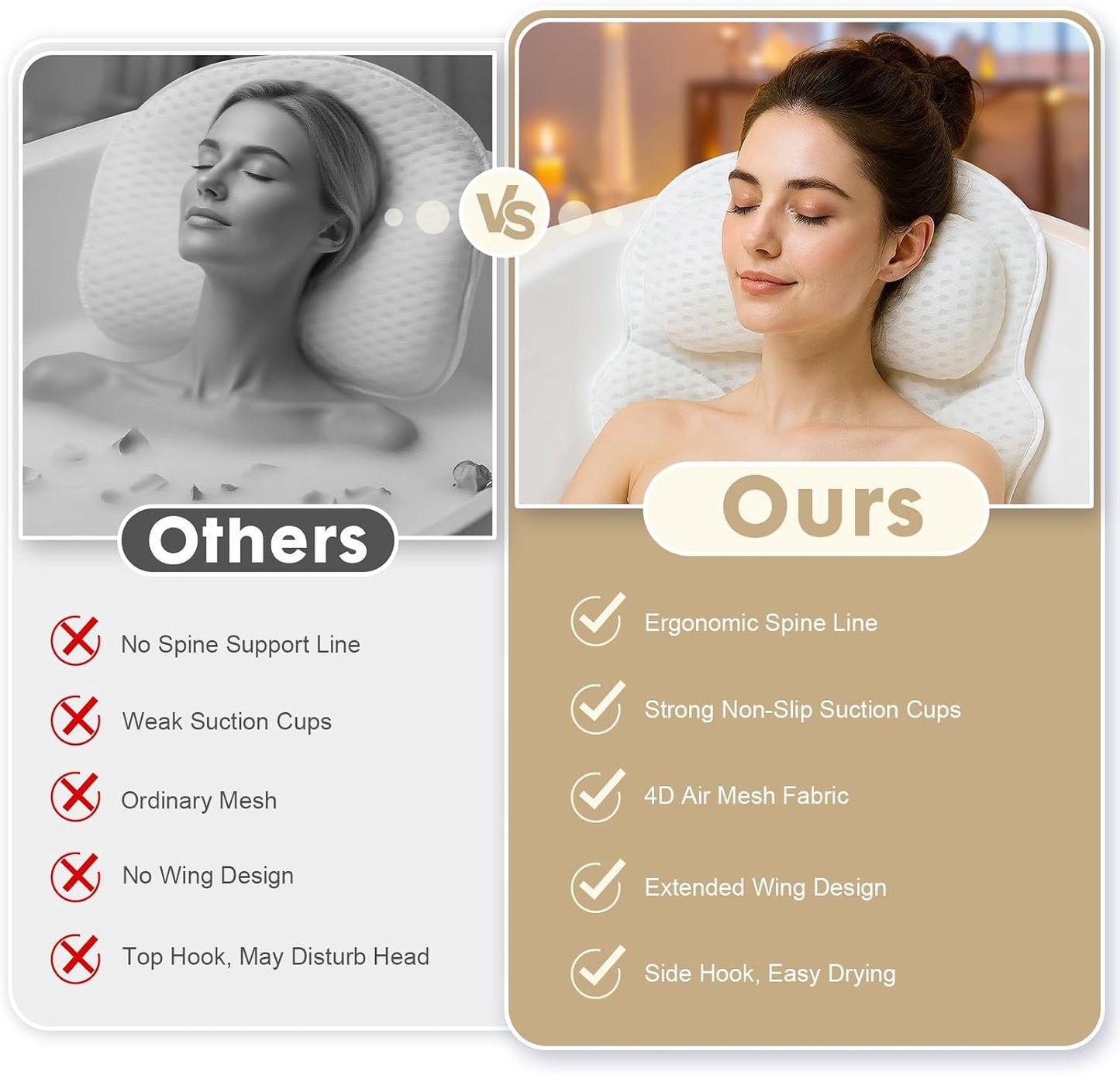 Bath Pillow Bathtub Pillow, Luxury Bath Pillows for Tub with Head, Neck & Back Support, 4D Air Mesh Bath tub Pillow with Extended Wings, Non-Slip Suction Cups Relaxing Spa Gift for Woman