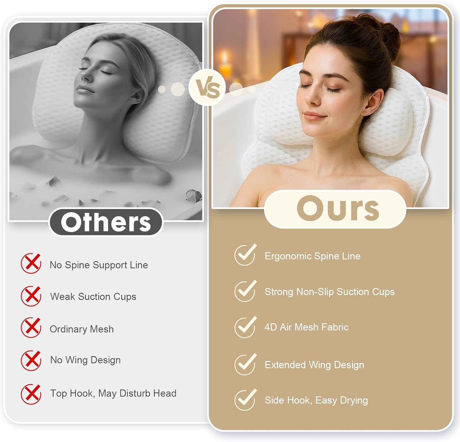 Bath Pillows for Tub – 4D Air Mesh Bathtub Pillow with Head, Neck & Shoulder Support, Larger Size Non-Slip Tub Pillow for Bathtub & Jacuzzi, Bath Tub Pillow with Wash Bag, Gift for Women & Men