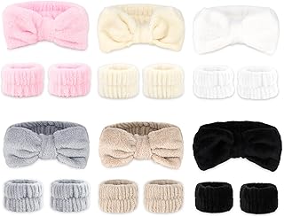 Wecoe 6 Pack Spa Headbands and Wristbands Set for Washing Face Makeup Skincare Cute Soft Bow Hairbands Wrist Towels Sleepover Party Supplies Gifts Christmas Stocking Stuffers for Women Girls
